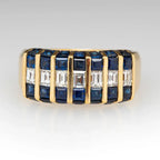 Channel Set Yellow Gold Baguette Cut Blue & White Sapphire Half Eternity Wedding Band For Women