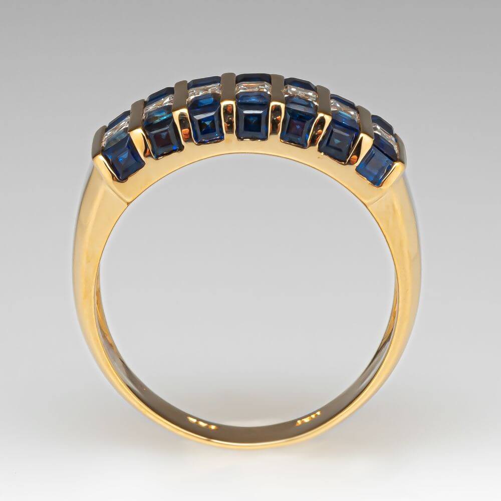 Channel Set Yellow Gold Baguette Cut Blue & White Sapphire Half Eternity Wedding Band For Women