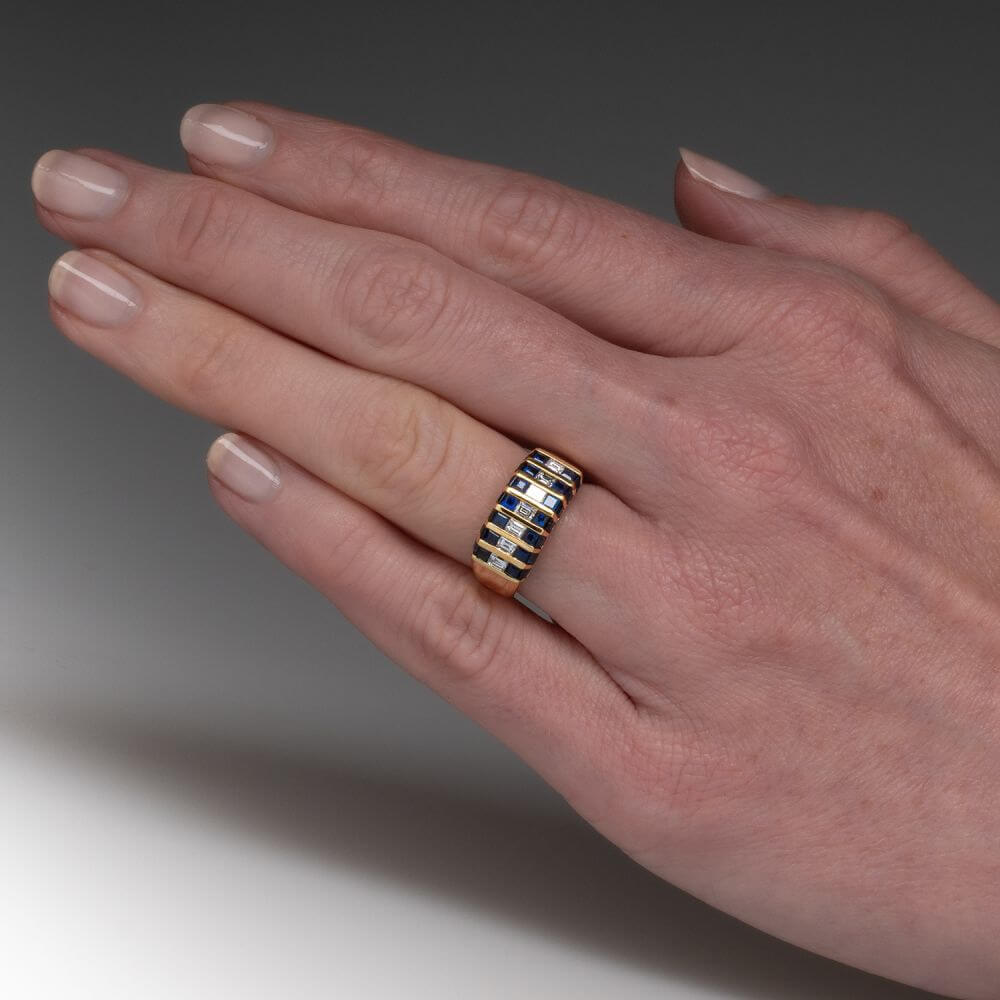 Channel Set Yellow Gold Baguette Cut Blue & White Sapphire Half Eternity Wedding Band For Women
