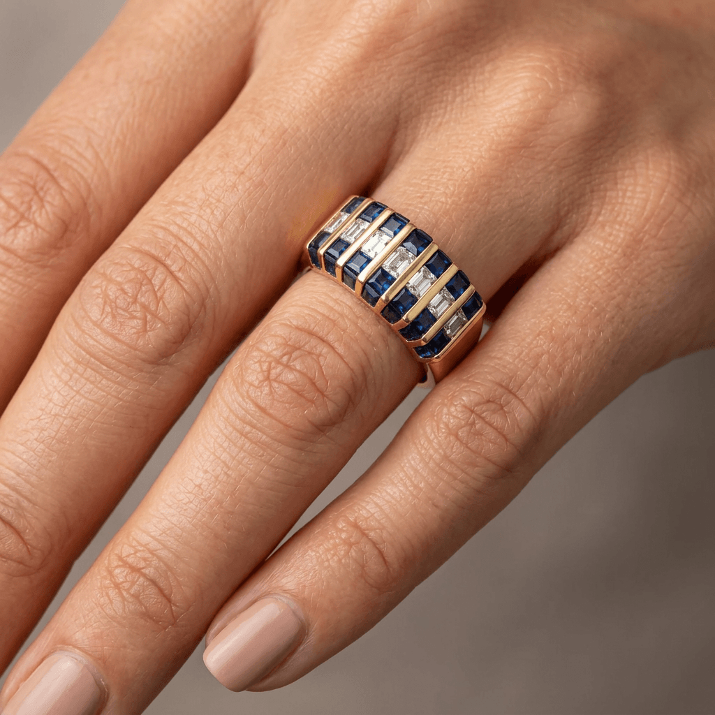 Channel Set Yellow Gold Baguette Cut Blue & White Sapphire Half Eternity Wedding Band For Women