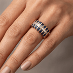 Channel Set Yellow Gold Baguette Cut Blue & White Sapphire Half Eternity Wedding Band For Women