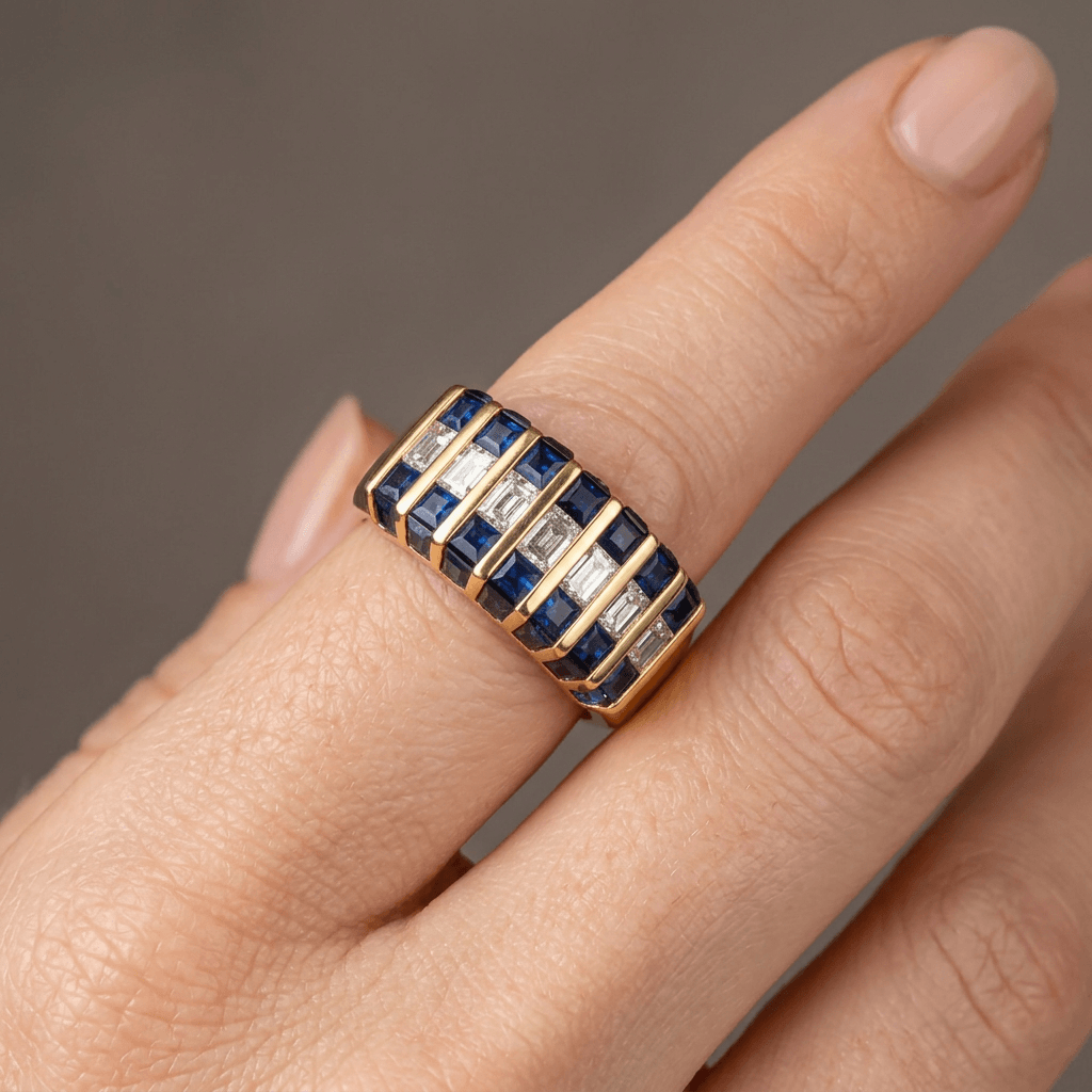 Channel Set Yellow Gold Baguette Cut Blue & White Sapphire Half Eternity Wedding Band For Women