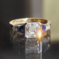Three Stone Half Bezel Yellow Gold Asscher Cut White & Blue Sapphire Engagement Ring