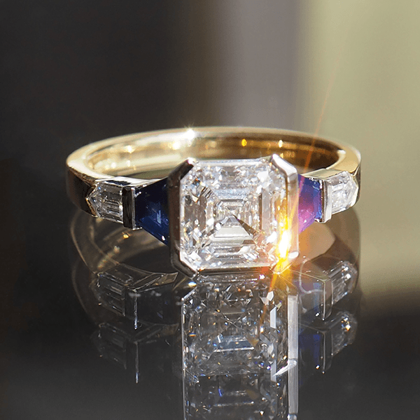 Three Stone Half Bezel Yellow Gold Asscher Cut White & Blue Sapphire Engagement Ring