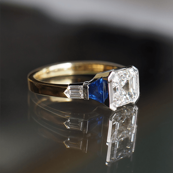 Three Stone Half Bezel Yellow Gold Asscher Cut White & Blue Sapphire Engagement Ring