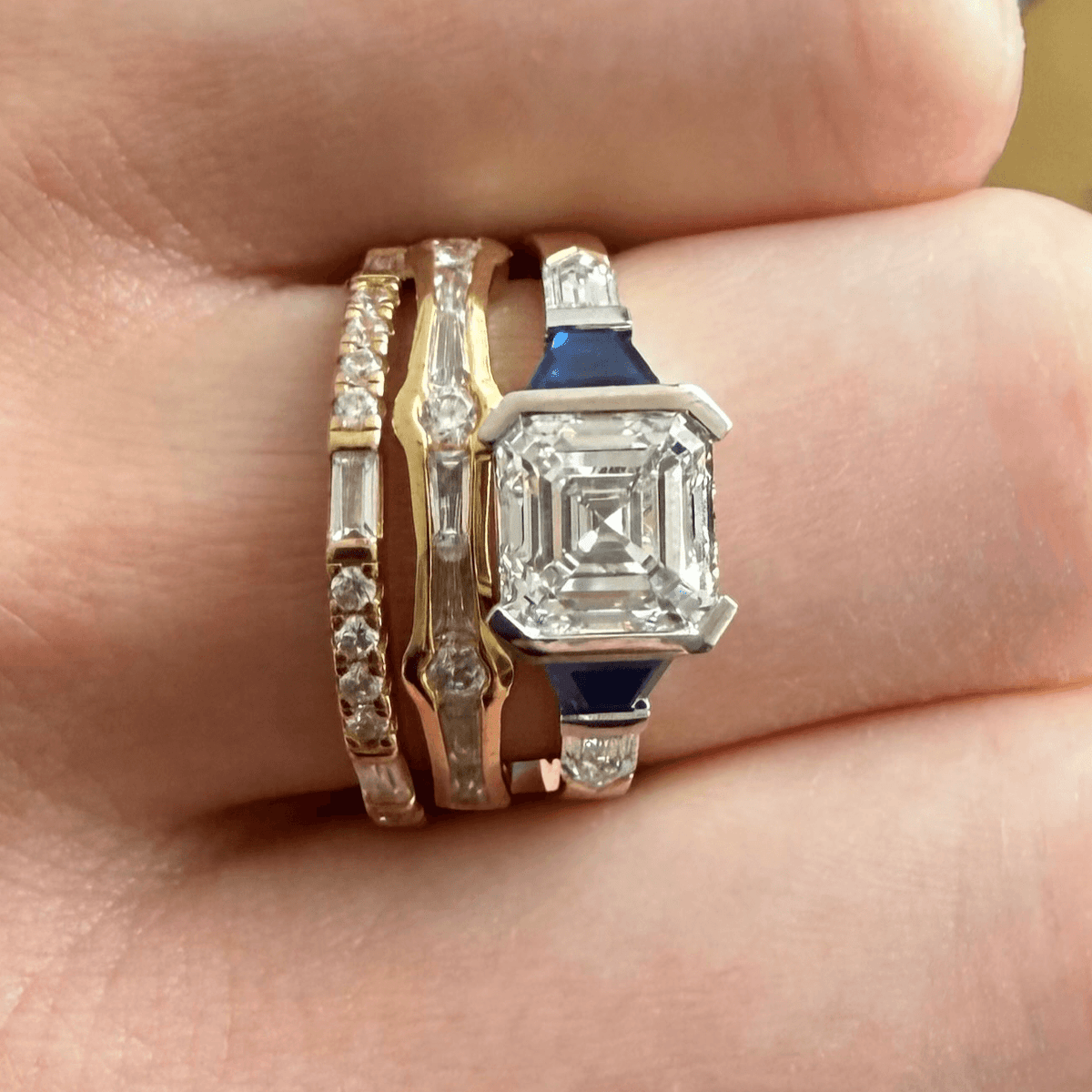 Three Stone Half Bezel Yellow Gold Asscher Cut White & Blue Sapphire Engagement Ring