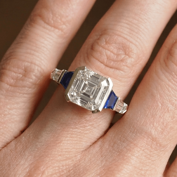 Three Stone Half Bezel Yellow Gold Asscher Cut White & Blue Sapphire Engagement Ring