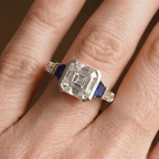 Three Stone Half Bezel Yellow Gold Asscher Cut White & Blue Sapphire Engagement Ring