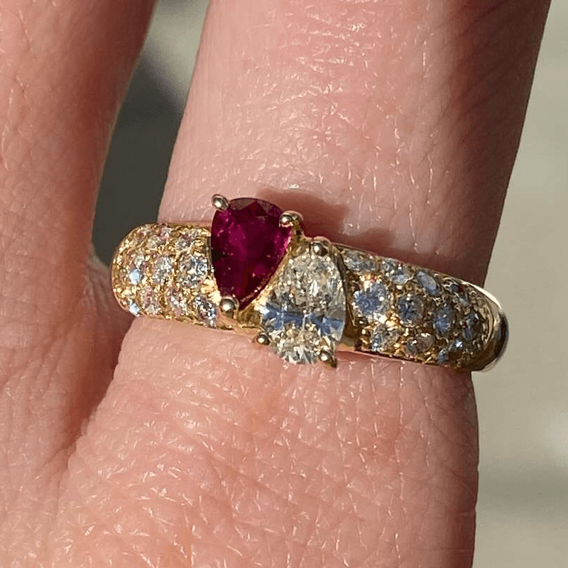 Vintage Moi Et Toi Yellow Gold Pear Cut Ruby & White Sapphire Cocktail Ring For Women