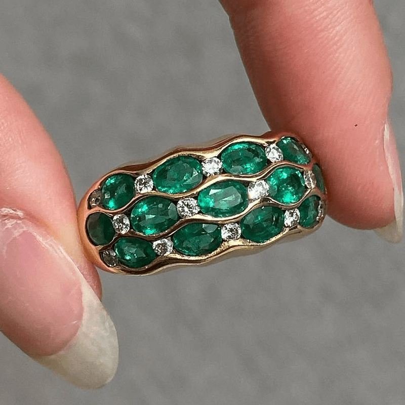 Triple Row Yellow Gold Half Bezel Oval Cut Emerald Sapphire Half Eternity Wedding Band For Women