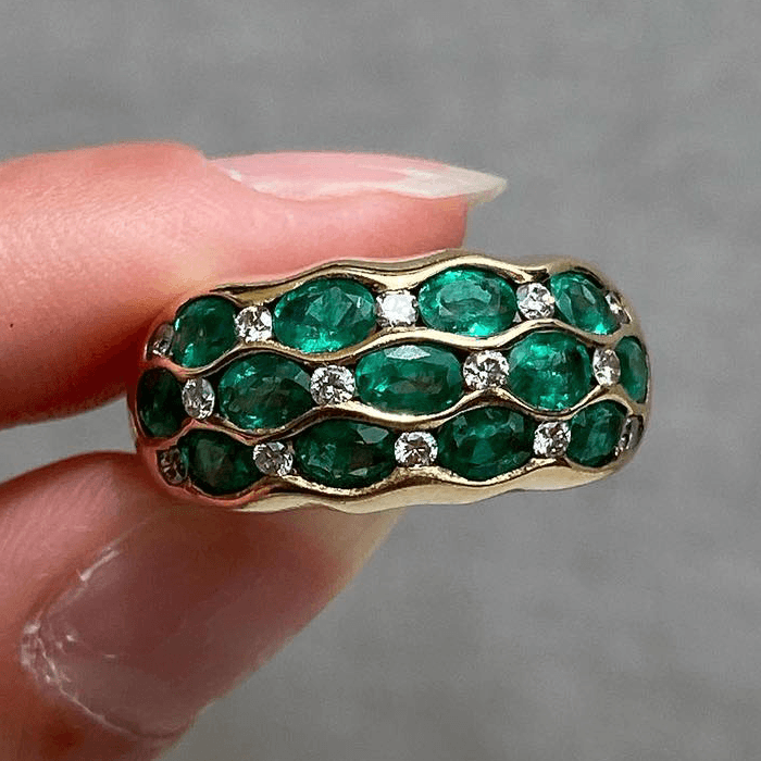 Triple Row Yellow Gold Half Bezel Oval Cut Emerald Sapphire Half Eternity Wedding Band For Women