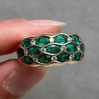 Triple Row Yellow Gold Half Bezel Oval Cut Emerald Sapphire Half Eternity Wedding Band For Women