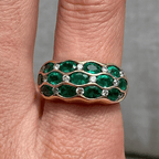 Triple Row Yellow Gold Half Bezel Oval Cut Emerald Sapphire Half Eternity Wedding Band For Women