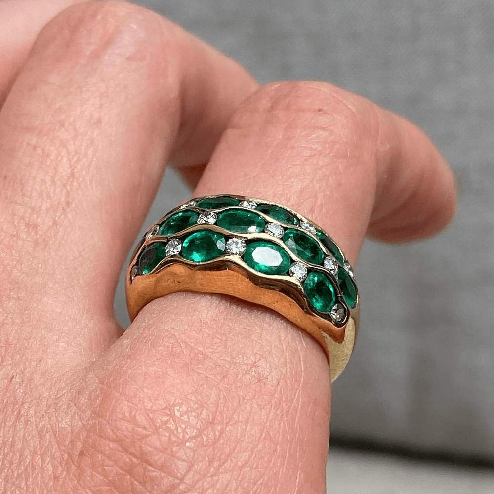 Triple Row Yellow Gold Half Bezel Oval Cut Emerald Sapphire Half Eternity Wedding Band For Women