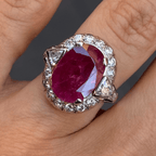 Vintage Halo Three Stone Oval Cut Ruby Sapphire Engagement Ring