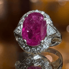 Vintage Halo Three Stone Oval Cut Ruby Sapphire Engagement Ring