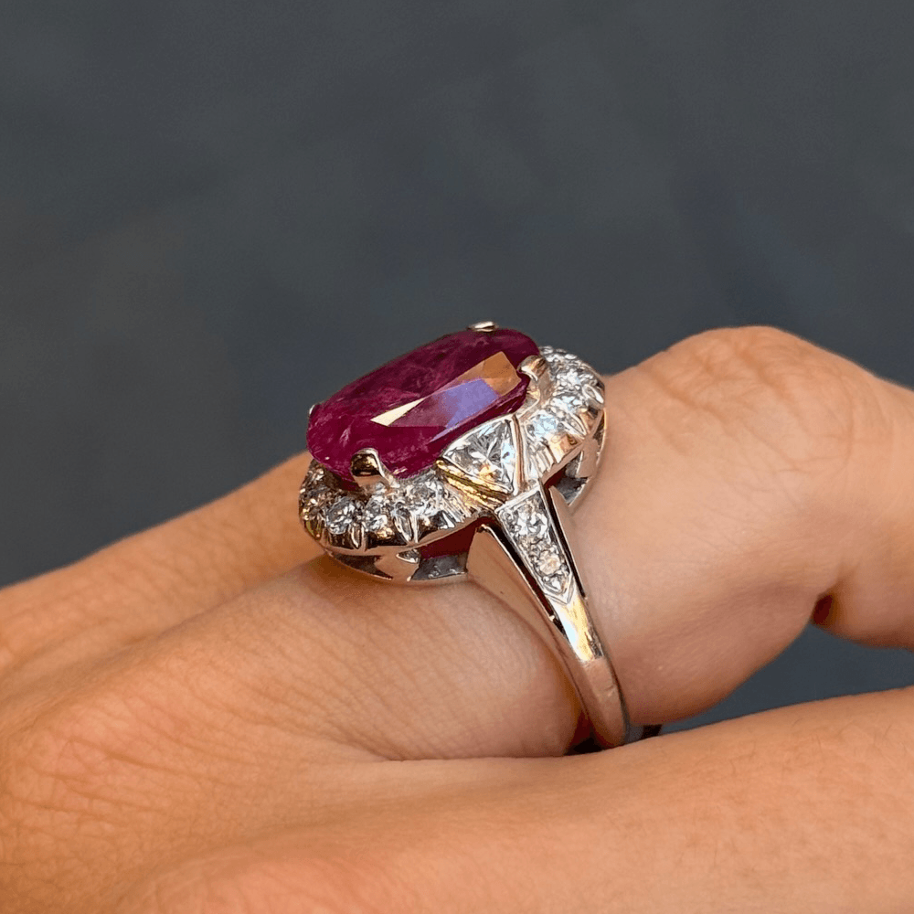 Vintage Halo Three Stone Oval Cut Ruby Sapphire Engagement Ring