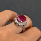 Vintage Halo Three Stone Oval Cut Ruby Sapphire Engagement Ring