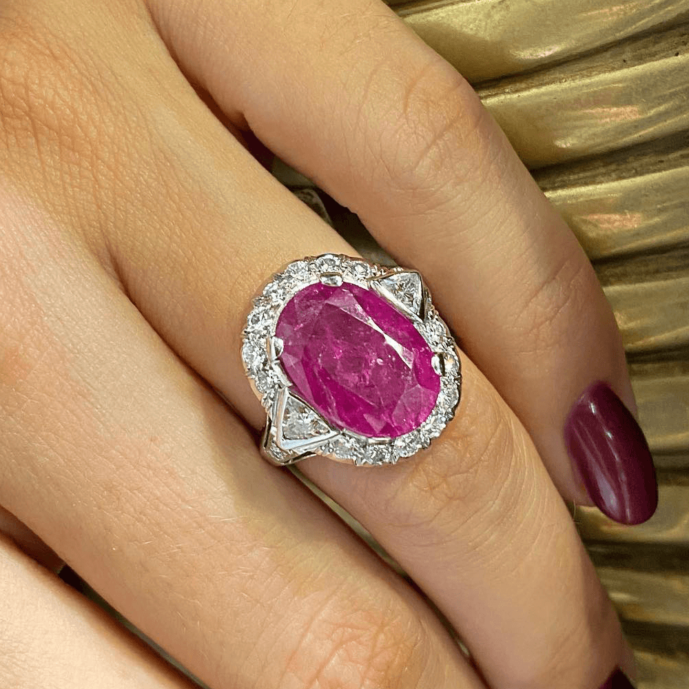 Vintage Halo Three Stone Oval Cut Ruby Sapphire Engagement Ring