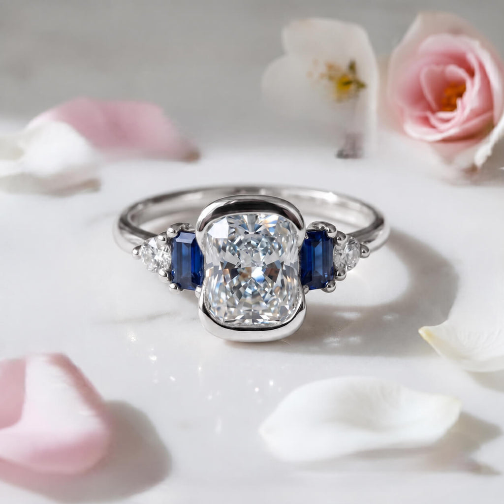 Half Bezel Setting Cushion Cut White Sapphire Five Stone Engagement Ring