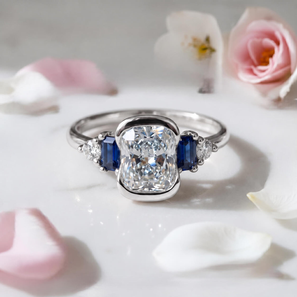 Half Bezel Setting Cushion Cut White Sapphire Five Stone Engagement Ring