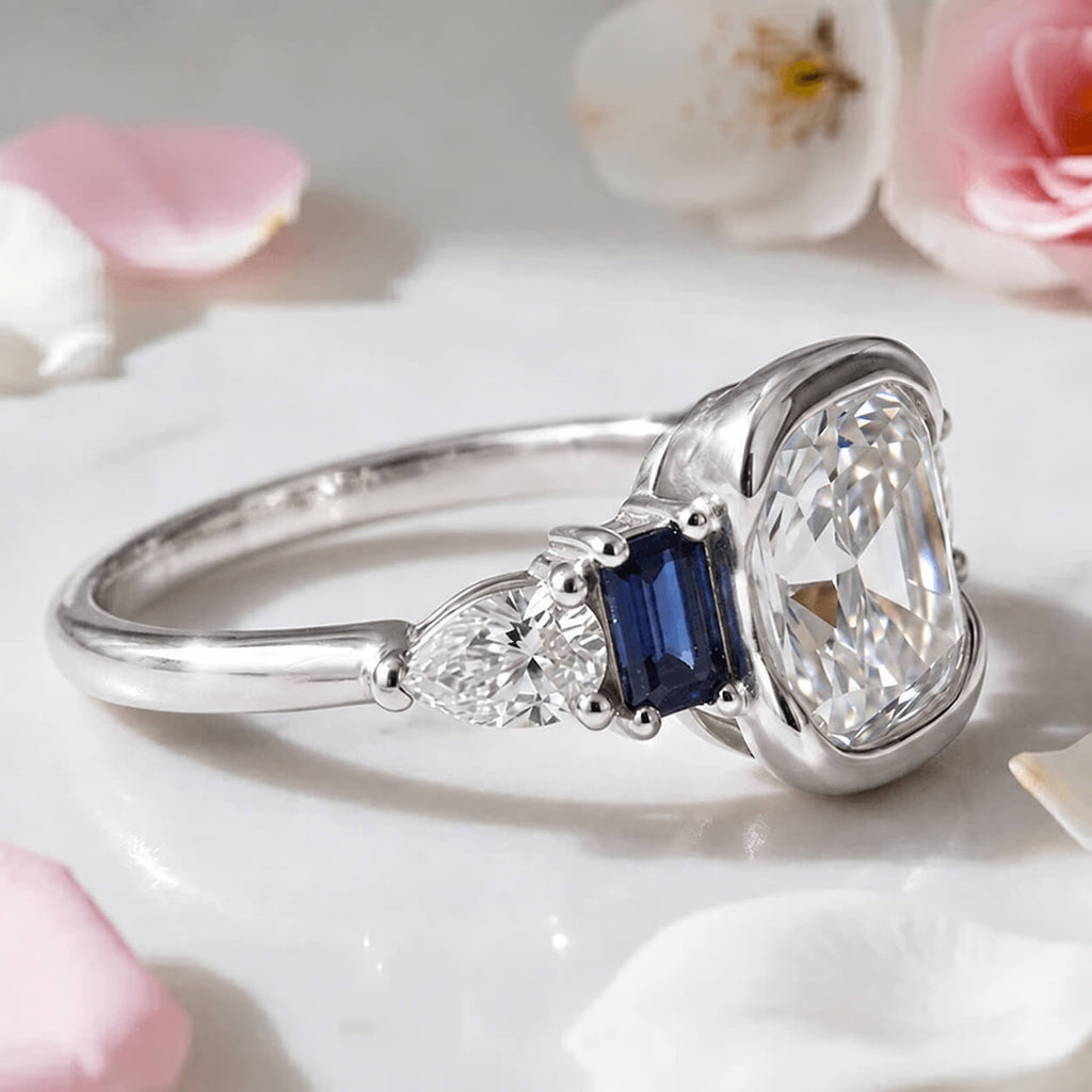 Half Bezel Setting Cushion Cut White Sapphire Five Stone Engagement Ring