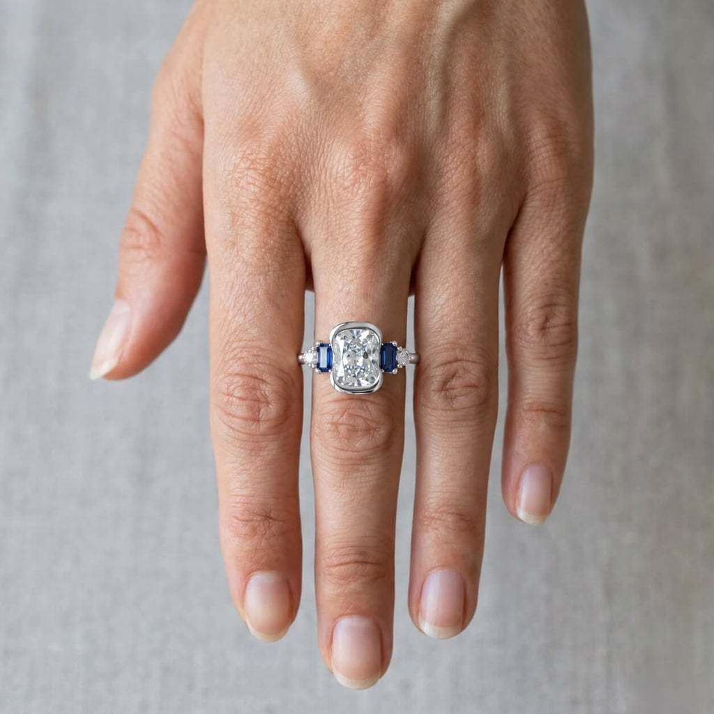 Half Bezel Setting Cushion Cut White Sapphire Five Stone Engagement Ring