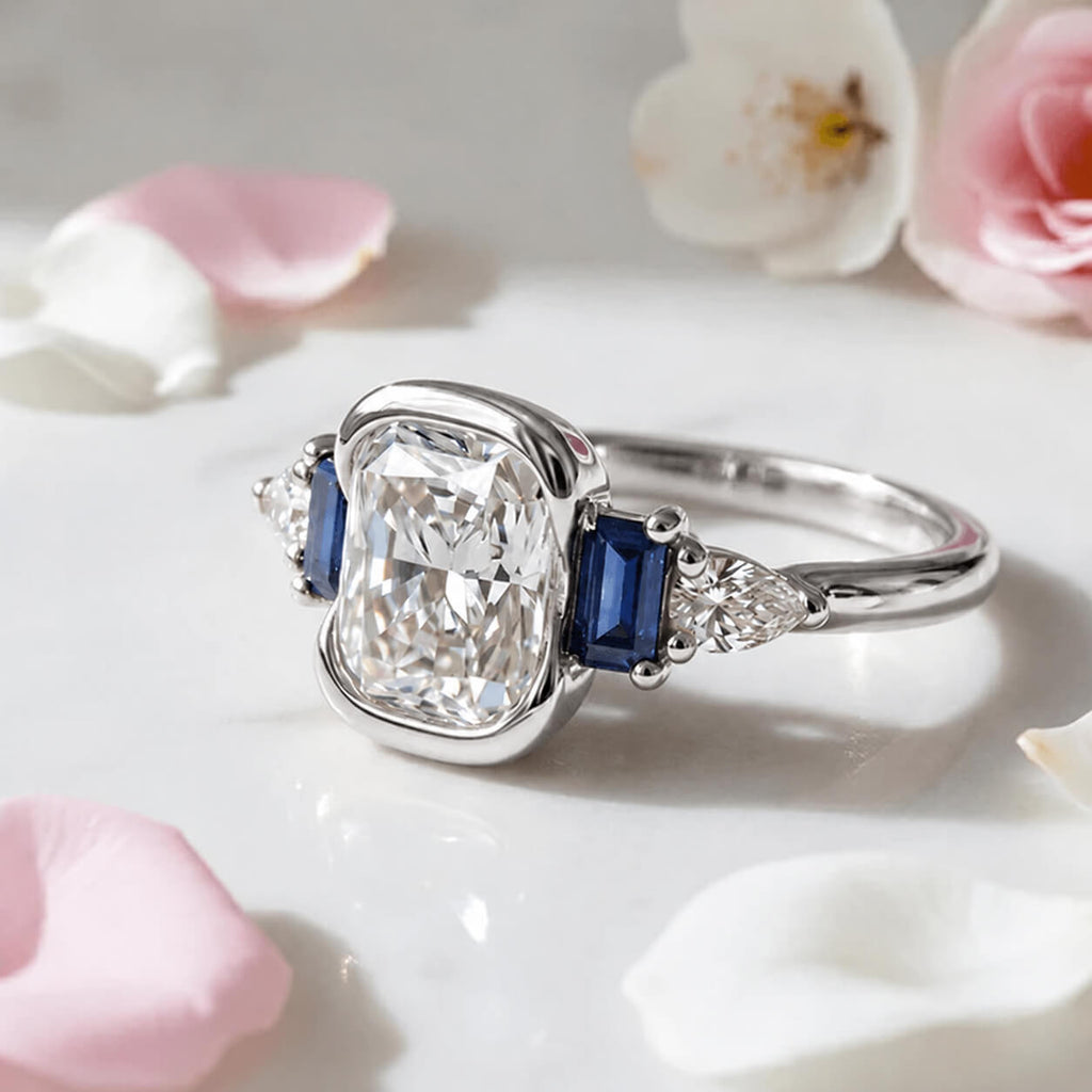 Half Bezel Setting Cushion Cut White Sapphire Five Stone Engagement Ring