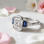 Half Bezel Setting Cushion Cut White Sapphire Five Stone Engagement Ring