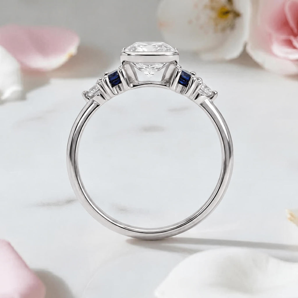 Half Bezel Setting Cushion Cut White Sapphire Five Stone Engagement Ring