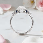 Half Bezel Setting Cushion Cut White Sapphire Five Stone Engagement Ring