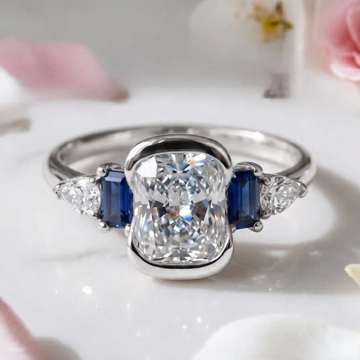Half Bezel Setting Cushion Cut White Sapphire Five Stone Engagement Ring