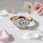 Luxury Jewelry Half Bezel Yellow Gold Cushion Cut White Sapphire Five Stone Engagement Ring