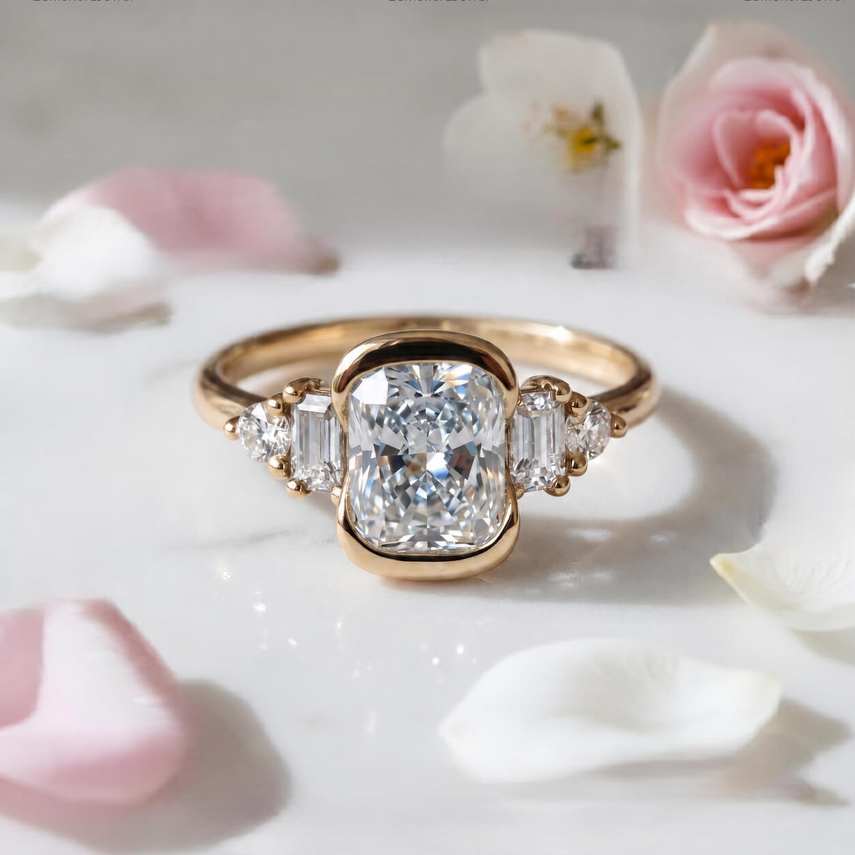 Luxury Jewelry Half Bezel Yellow Gold Cushion Cut White Sapphire Five Stone Engagement Ring