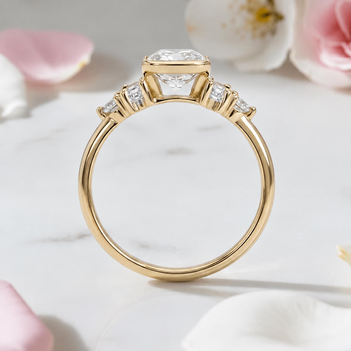 Luxury Jewelry Half Bezel Yellow Gold Cushion Cut White Sapphire Five Stone Engagement Ring