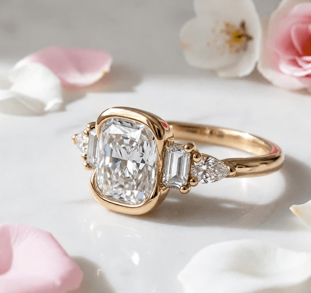 Luxury Jewelry Half Bezel Yellow Gold Cushion Cut White Sapphire Five Stone Engagement Ring