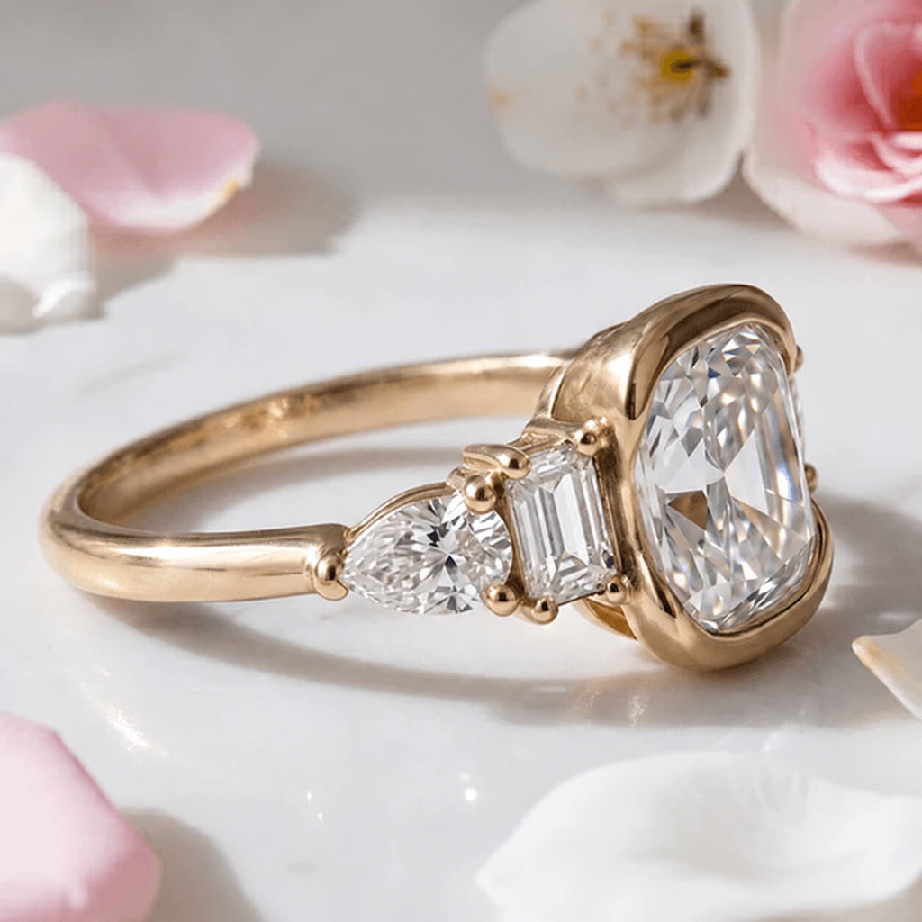 Luxury Jewelry Half Bezel Yellow Gold Cushion Cut White Sapphire Five Stone Engagement Ring