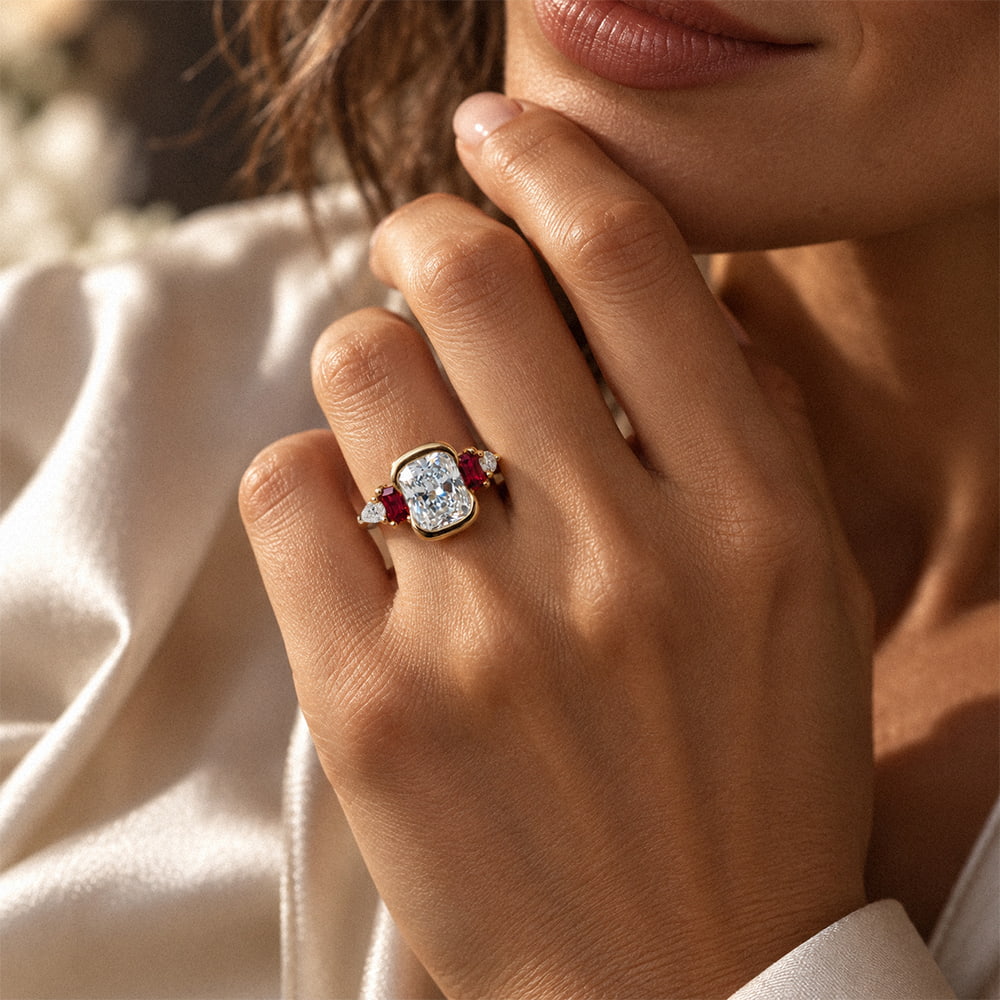 Unique Design Yellow Gold Half Bezel Cushion Cut White & Ruby Sapphire Engagement Ring