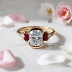 Unique Design Yellow Gold Half Bezel Cushion Cut White & Ruby Sapphire Engagement Ring
