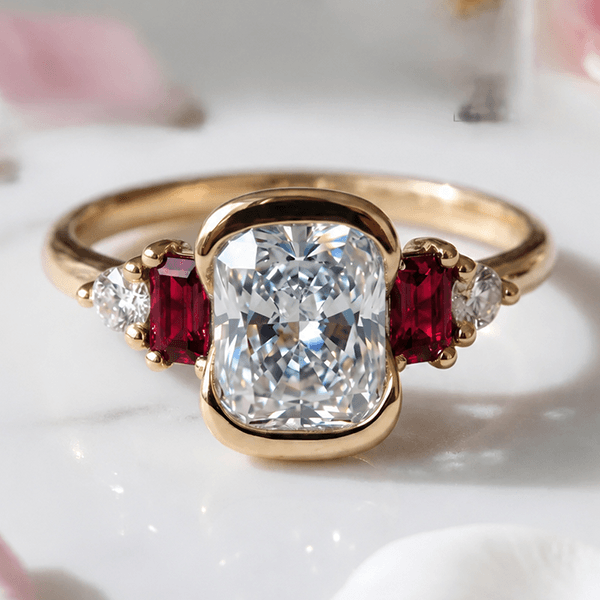 Unique Design Yellow Gold Half Bezel Cushion Cut White & Ruby Sapphire Engagement Ring