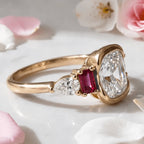 Unique Design Yellow Gold Half Bezel Cushion Cut White & Ruby Sapphire Engagement Ring