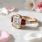 Unique Design Yellow Gold Half Bezel Cushion Cut White & Ruby Sapphire Engagement Ring