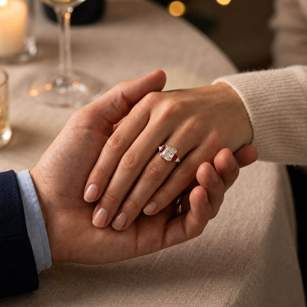 Unique Design Yellow Gold Half Bezel Cushion Cut White & Ruby Sapphire Engagement Ring