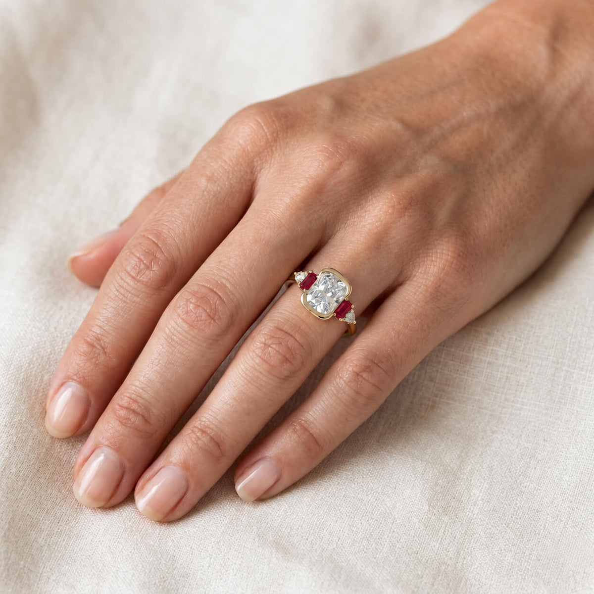 Unique Design Yellow Gold Half Bezel Cushion Cut White & Ruby Sapphire Engagement Ring