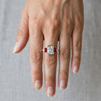 Unique Design Yellow Gold Half Bezel Cushion Cut White & Ruby Sapphire Engagement Ring