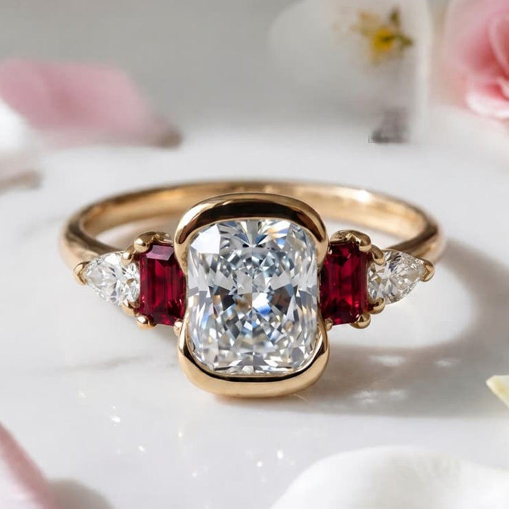 Unique Design Yellow Gold Half Bezel Cushion Cut White & Ruby Sapphire Engagement Ring