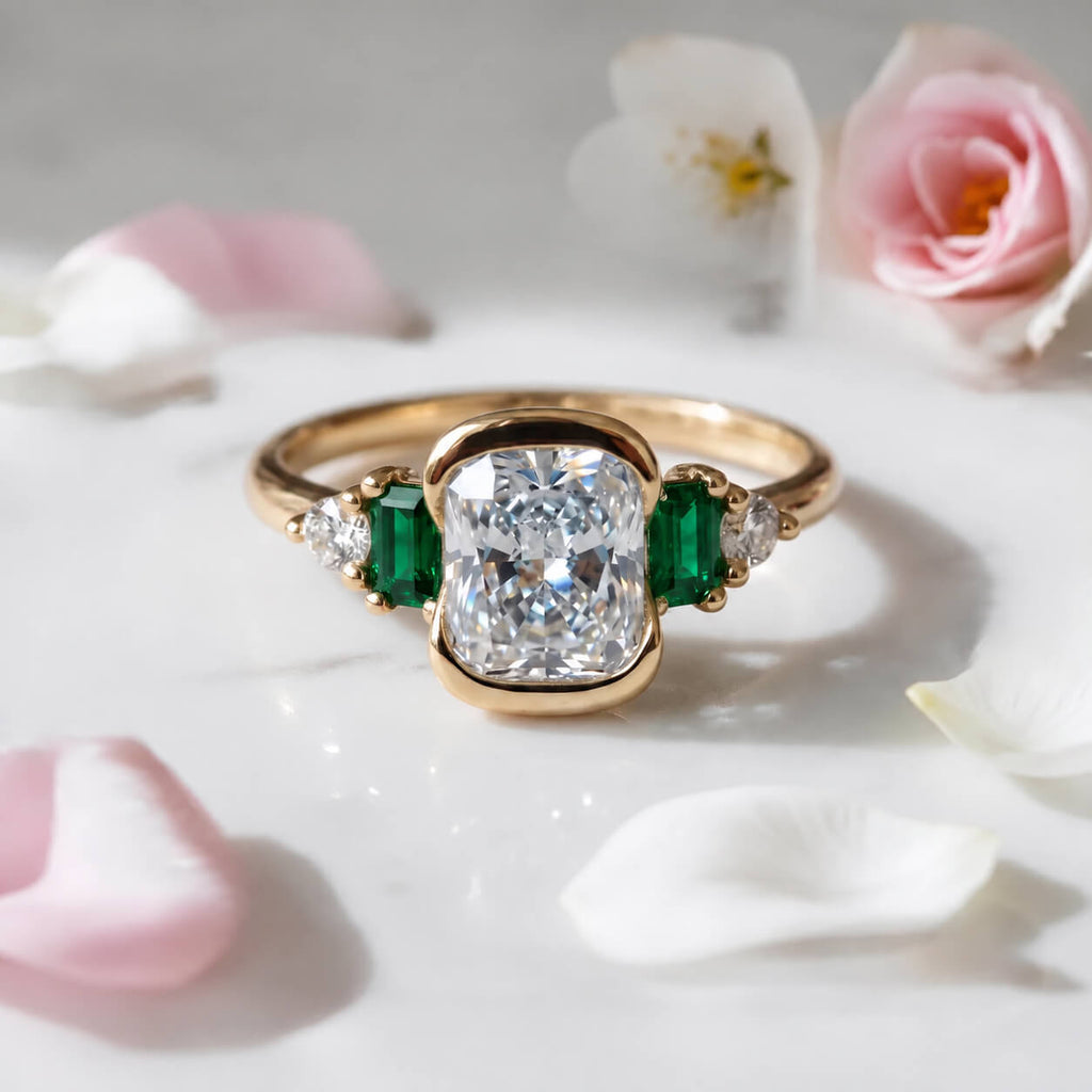 Half Bezel Setting Yellow Gold Cushion Cut White & Emerald Sapphire Five Stone Engagement Ring