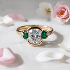 Half Bezel Setting Yellow Gold Cushion Cut White & Emerald Sapphire Five Stone Engagement Ring