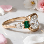Half Bezel Setting Yellow Gold Cushion Cut White & Emerald Sapphire Five Stone Engagement Ring