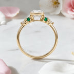 Half Bezel Setting Yellow Gold Cushion Cut White & Emerald Sapphire Five Stone Engagement Ring